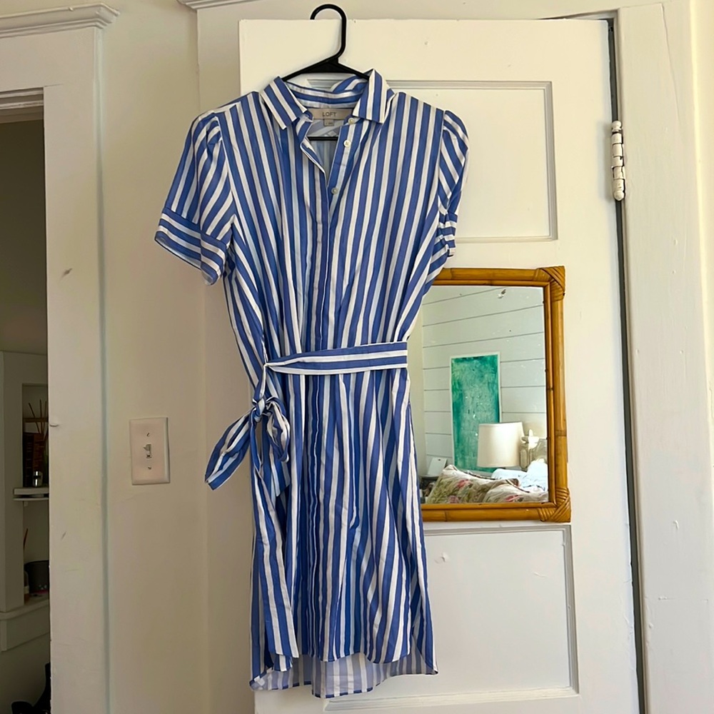 Blue and White Striped Shirt Dress